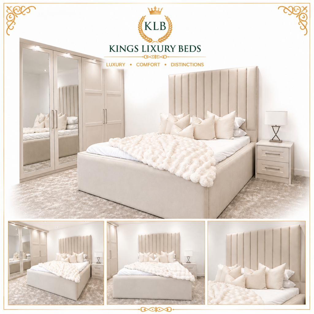 Showroom bedroom for Kings Luxury Beds: beige upholstered bed with tufted headboard, pillows, and a cream throw blanket.