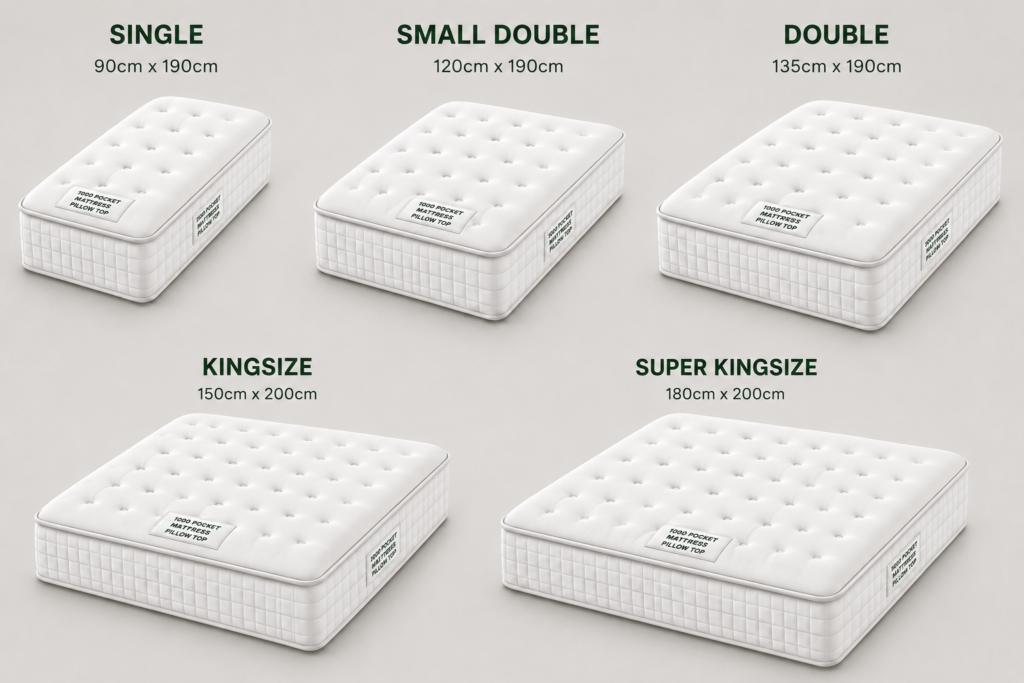 Display of six white tufted mattresses labeled by size: Single (90x190 cm), Small Double (120x190 cm), Double (135x190 cm), King Size (150x200 cm), and Super King Size (180x200 cm).